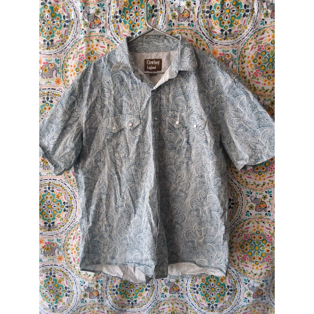 Cowboy Legend Shirt Men's XXL Short Sleeve 100% Cotton Paisley Blue Pearl Snap
